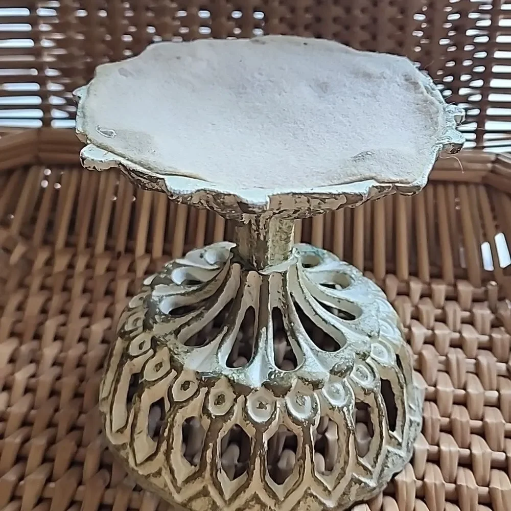 Vintage Distressed Metal Candleholder Cutwork Chalice with Felted Bottom